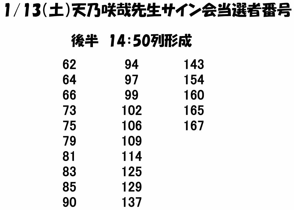 天乃咲哉先生サイン会当選者